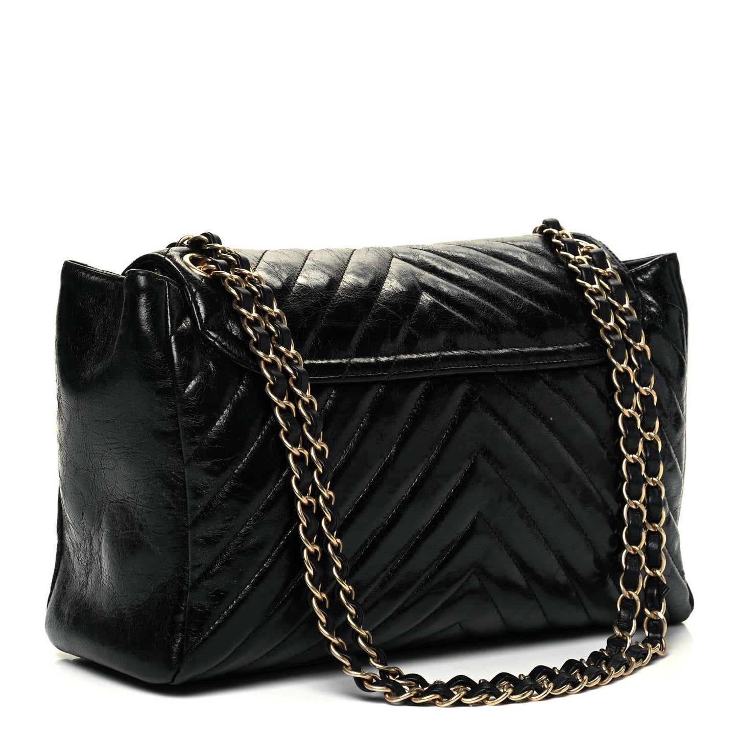 Glazed Calfskin Chevron Quilted Large Hampton Flap Black