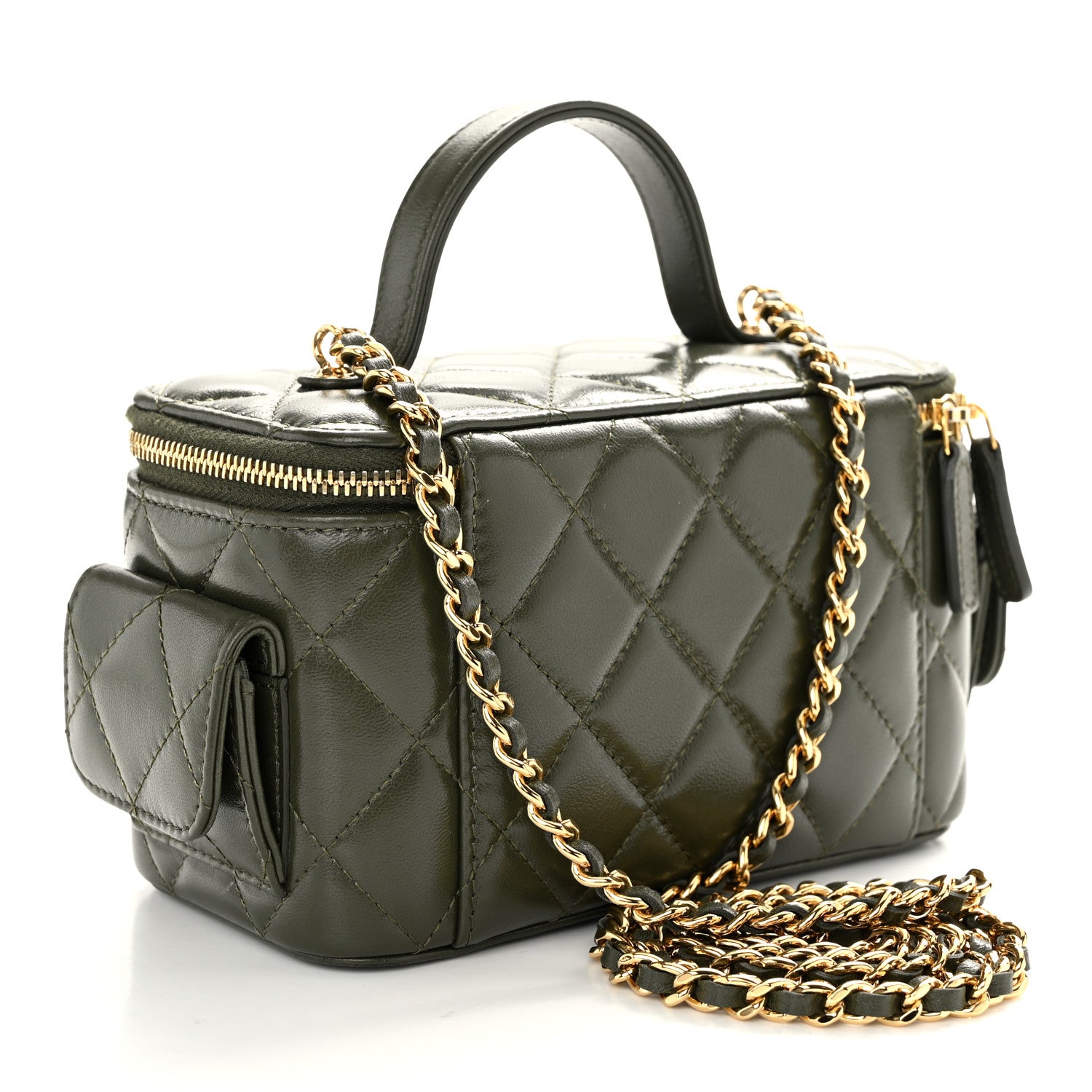 Chanel Lambskin Quilted Polly Pocket East West Top Vanity With Chain Khaki 3 of 10