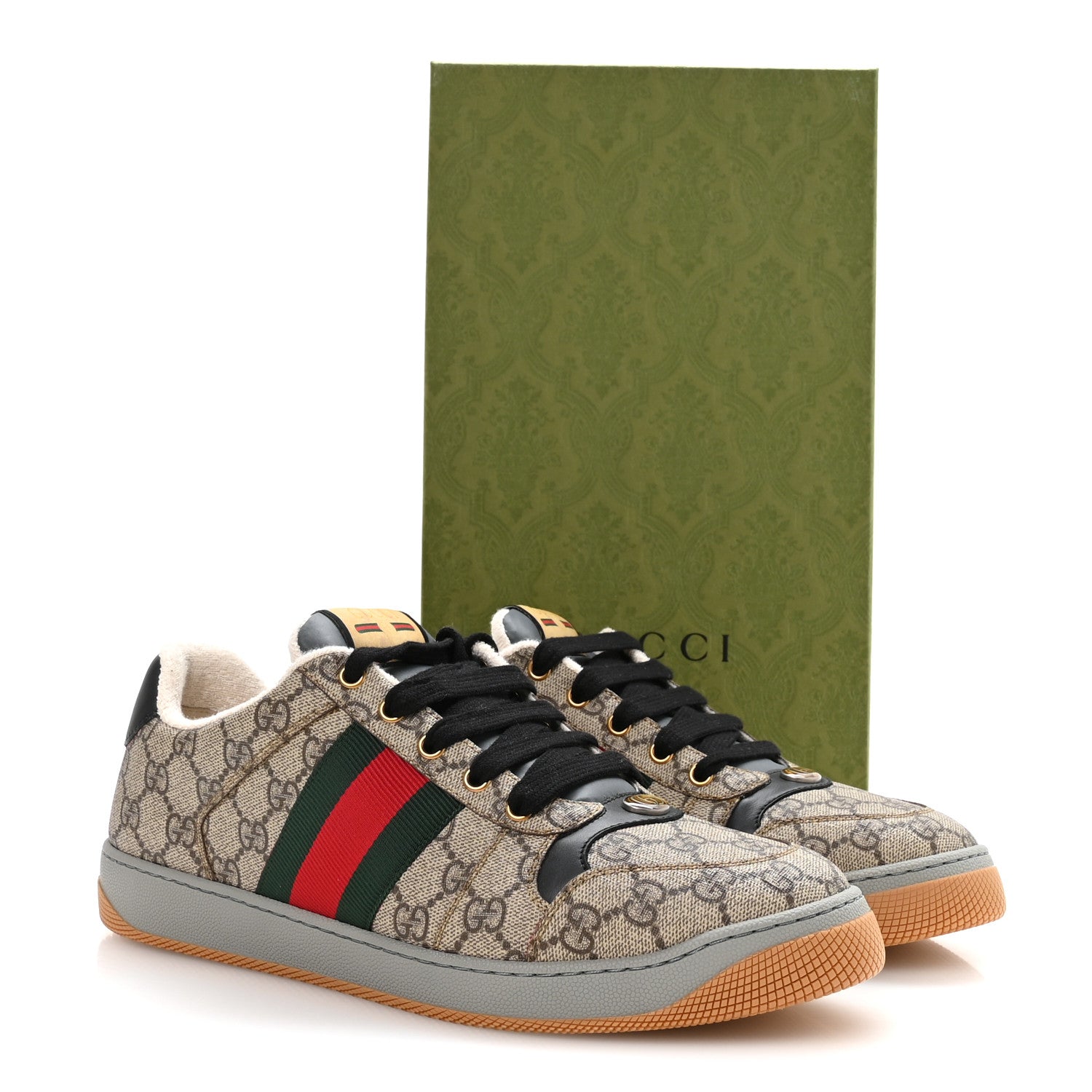 Gucci GG Supereme Monogram Miro Soft Calfskin Web Mens Screener Sneakers 10.5 Beige Ebony Black New Platinum 9 of 9
