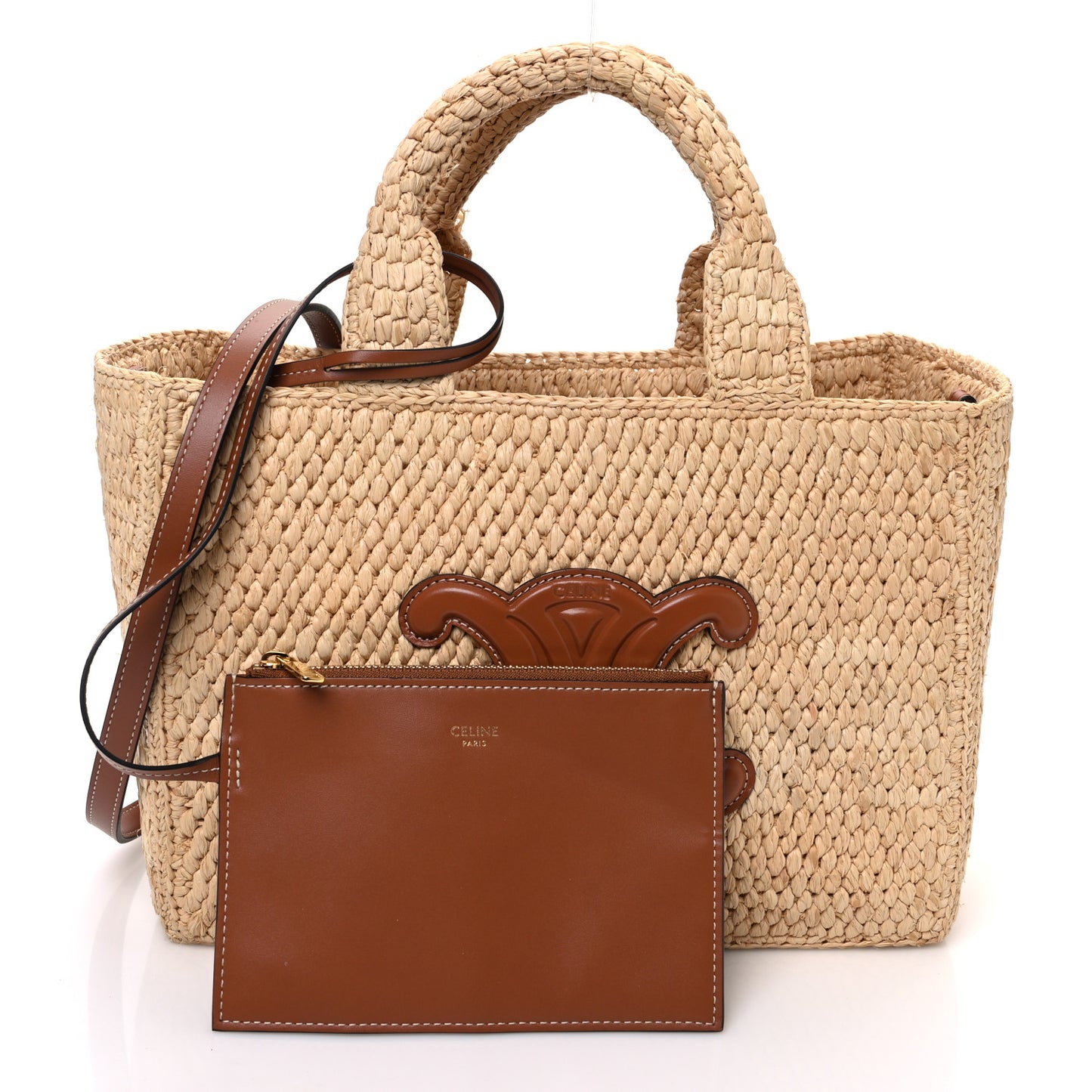 Raffia Calfskin Triomphe Small Cabas Thais Tan