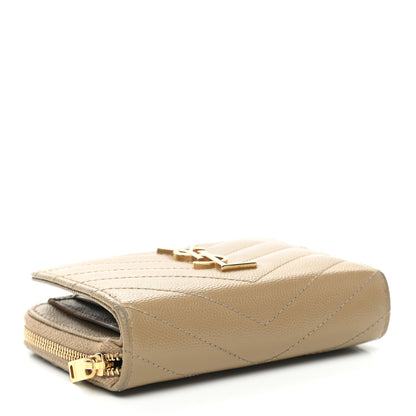 Saint Laurent Grain De Poudre Matelasse Chevron Monogram Compact Zip Around Wallet Dark Latte 4 of 13