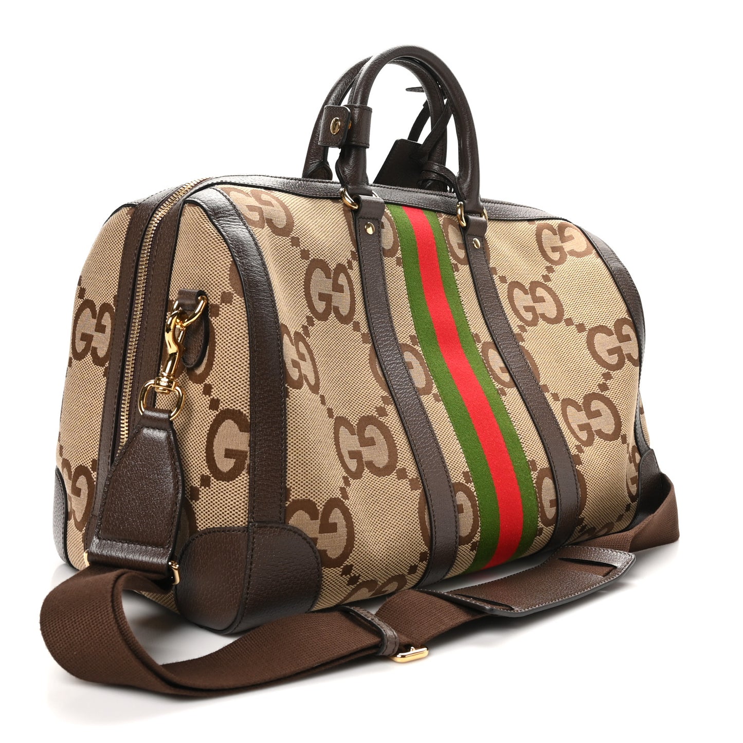 Monogram Jumbo GG Textured Dollar Calfskin Web Medium Duffle Bag Camel Ebony