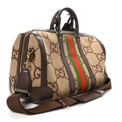 Gucci Monogram Jumbo GG Textured Dollar Calfskin Web Medium Duffle Bag Camel Ebony 2 of 9