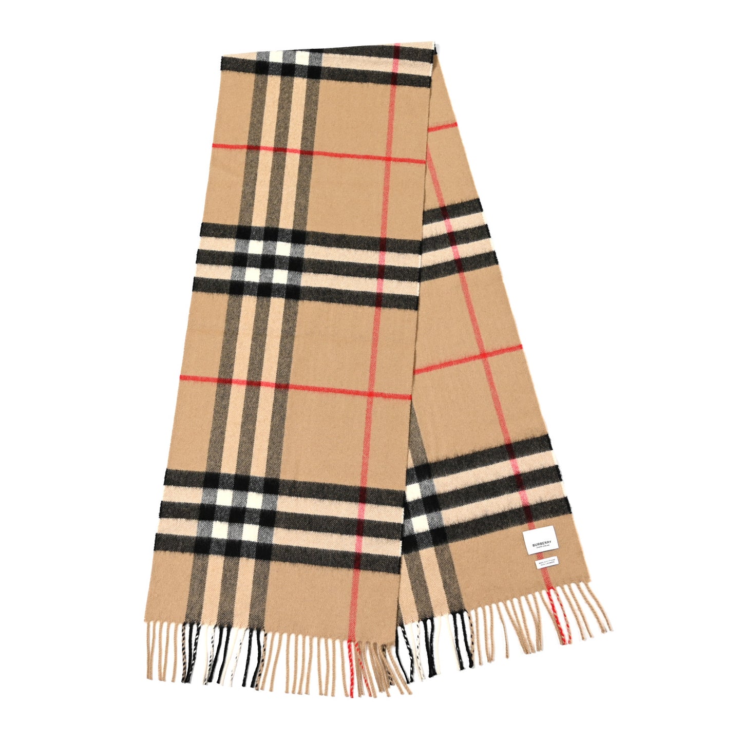 Cashmere Giant Check Fringe Scarf Camel