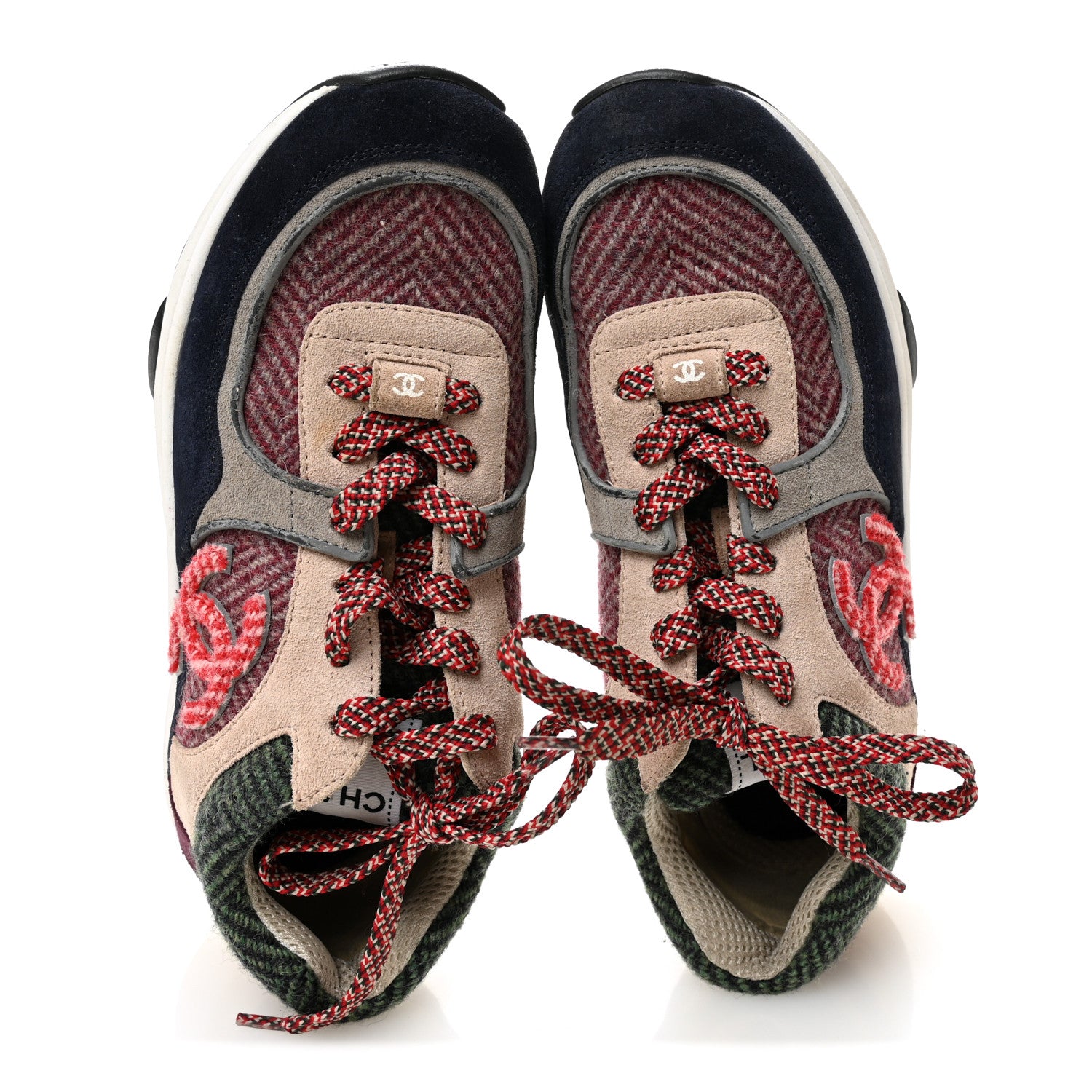 Chanel Tweed Suede CC Sneakers 38.5 Navy Red Multicolor 1807831