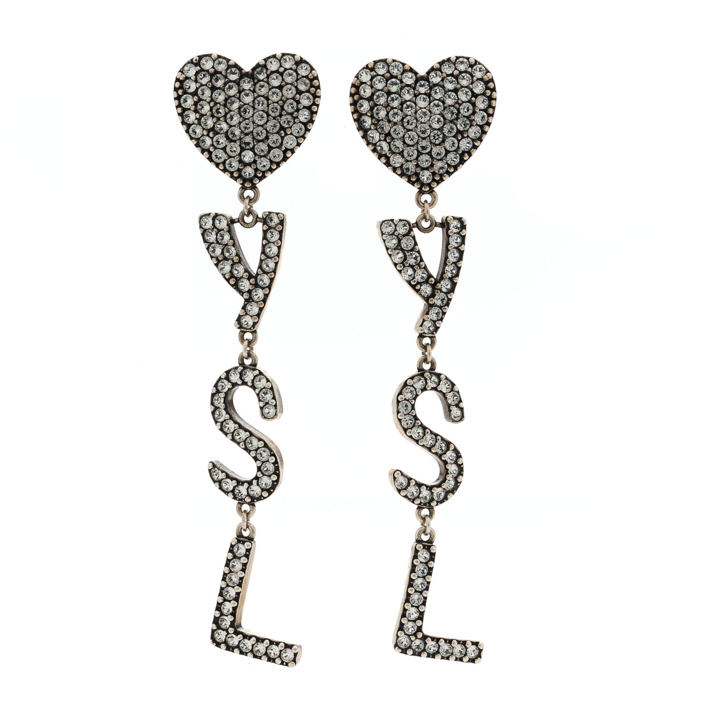 Brass Crystal Monogram Heart Drop Clip Earrings Silver