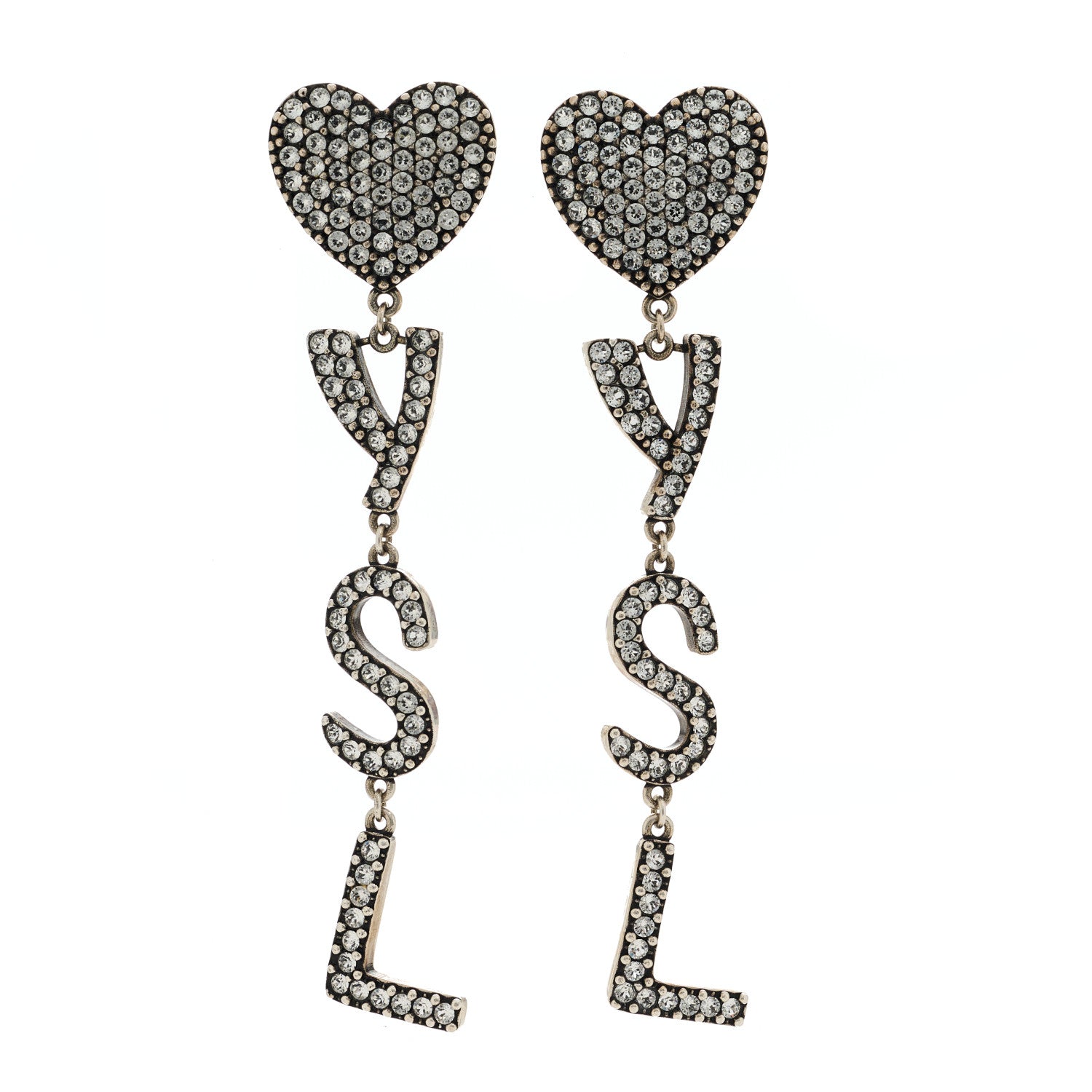 Saint Laurent Brass Crystal Monogram Heart Drop Clip Earrings Silver 1 of 4
