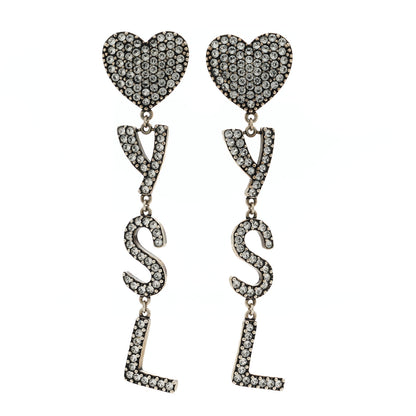 Saint Laurent Brass Crystal Monogram Heart Drop Clip Earrings Silver 1 of 4