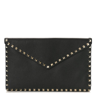 Valentino Garavani Pebbled Calfskin Large Rockstud Envelope Clutch Black 1 of 7