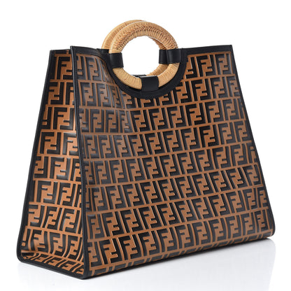 Fendi Vitello Century Wicker FF Embossed Large Runaway Shopper Tote Tobacco Black 3 of 10
