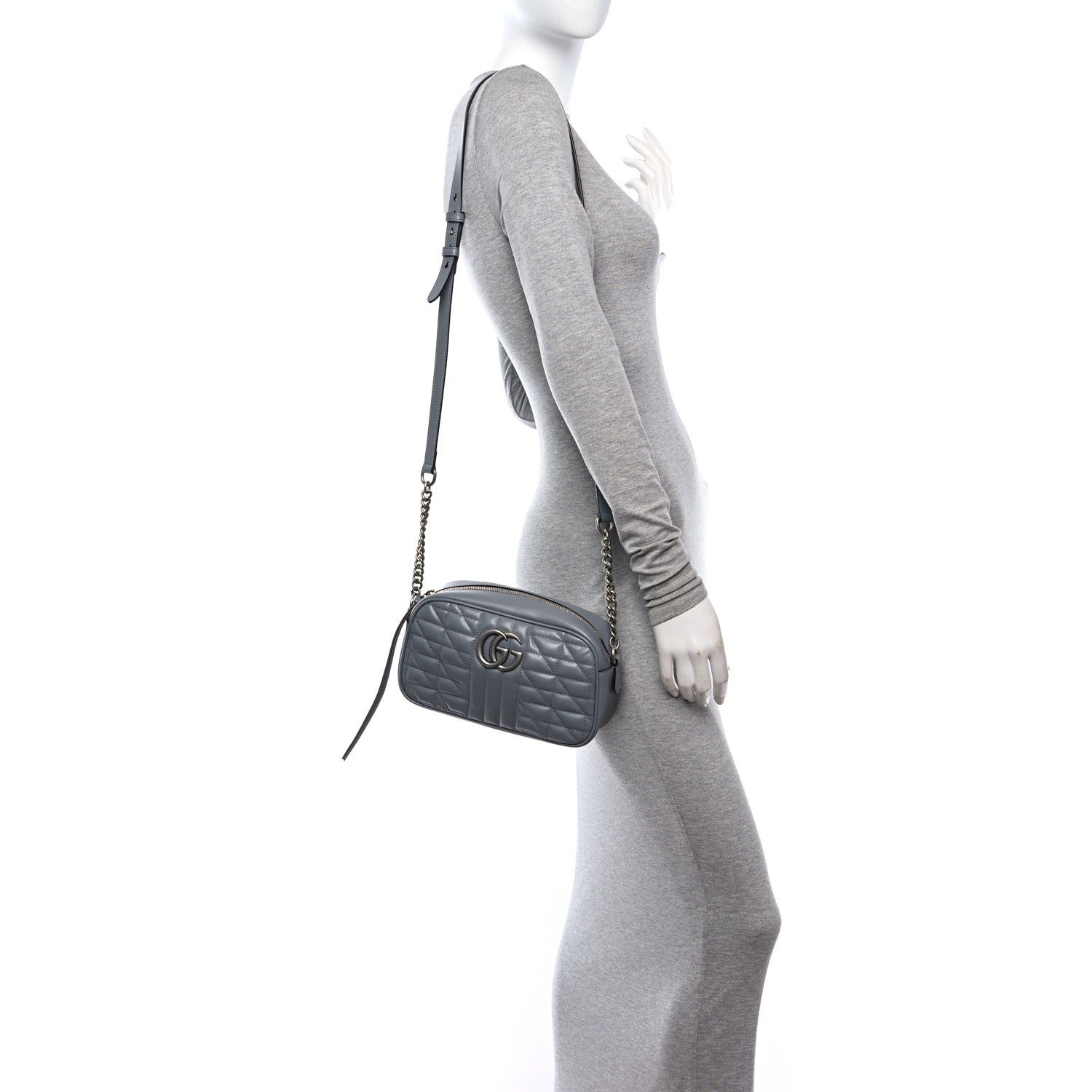 Gucci Calfskin Matelasse Aria Small GG Marmont Chain Shoulder Bag Deep Grey 2 of 10