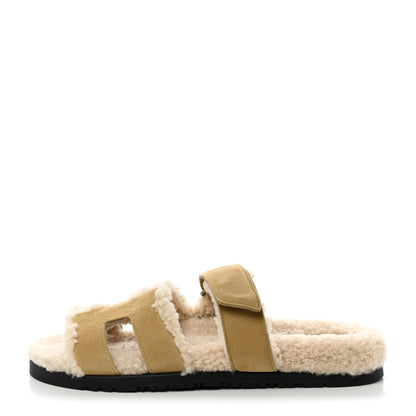 Hermes Suede Goatskin Woolskin Womens Chypre Sandals 40 Beige Albatre Ecru 1 of 9