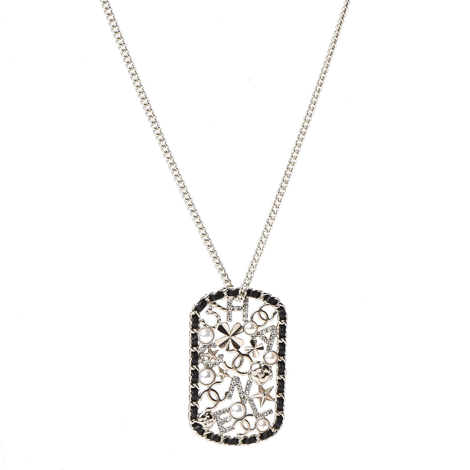 Chanel Lambskin Pearl Strass Sergeant Chain Dog Tag Charm Necklace Gold 1 of 4