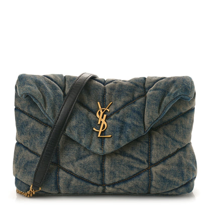 Saint Laurent Denim Quilted Toy Loulou Puffer Monogram Chain Satchel Blue Black 1 of 10