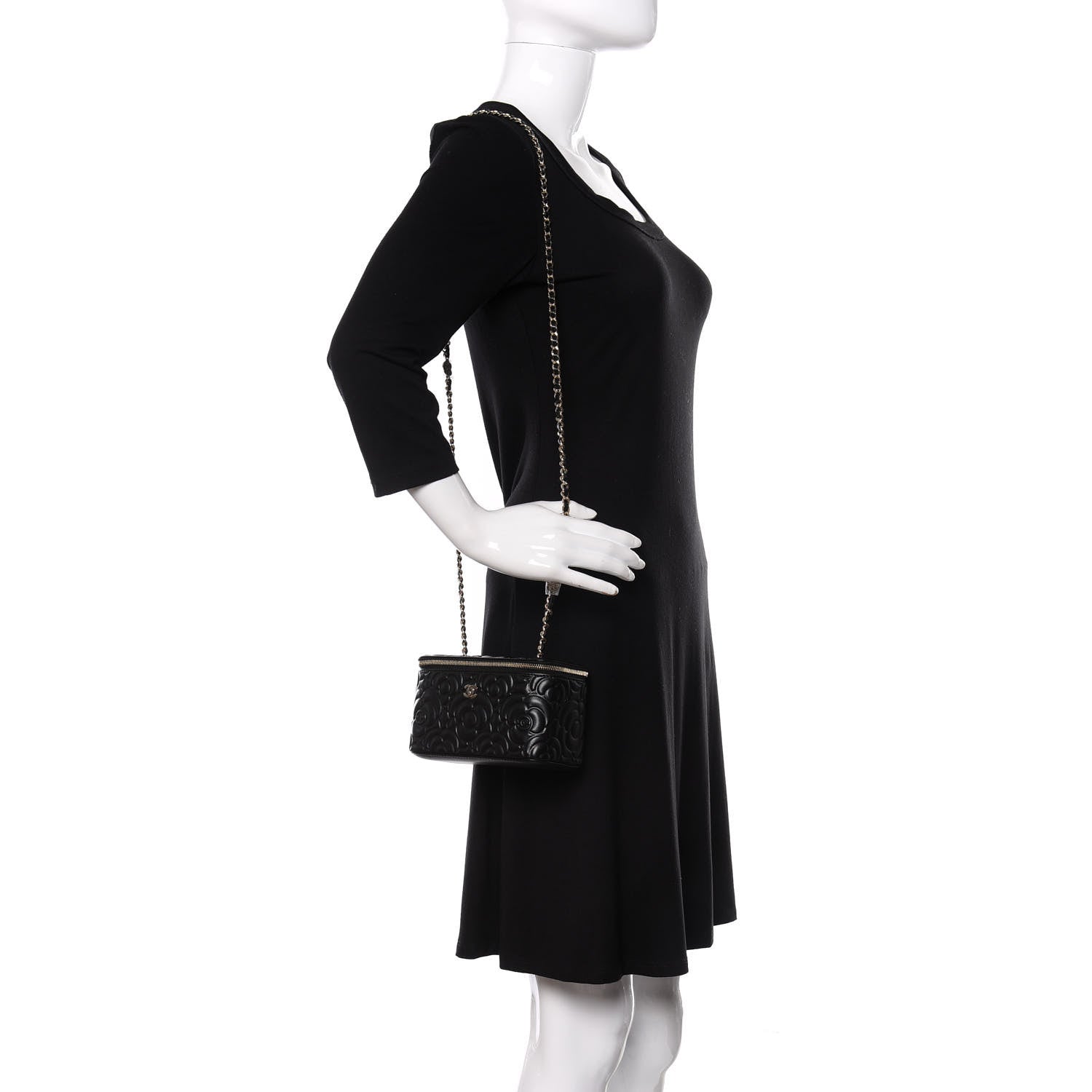 Chanel Lambskin Camellia Embossed Small Vanity Case With Chain Black 2 of 12