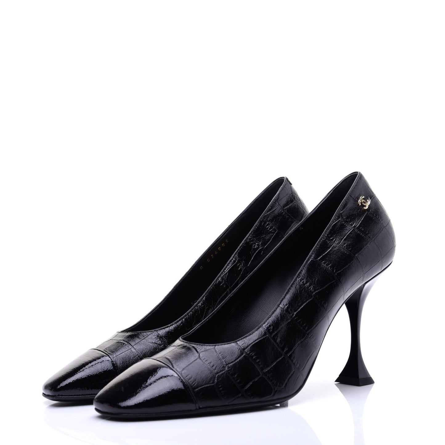 Crocodile Embossed Crumpled Patent Cap Toe Pumps 39.5 Black