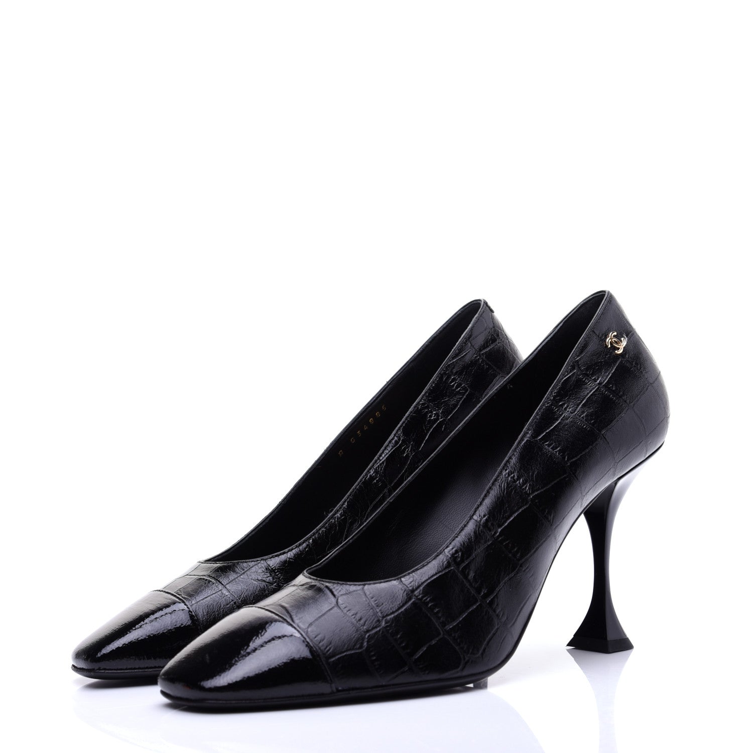 Chanel Crocodile Embossed Crumpled Patent Cap Toe Pumps 39.5 Black 5 of 13