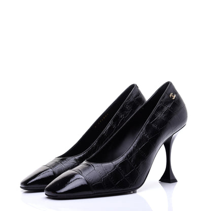 Chanel Crocodile Embossed Crumpled Patent Cap Toe Pumps 39.5 Black 5 of 13