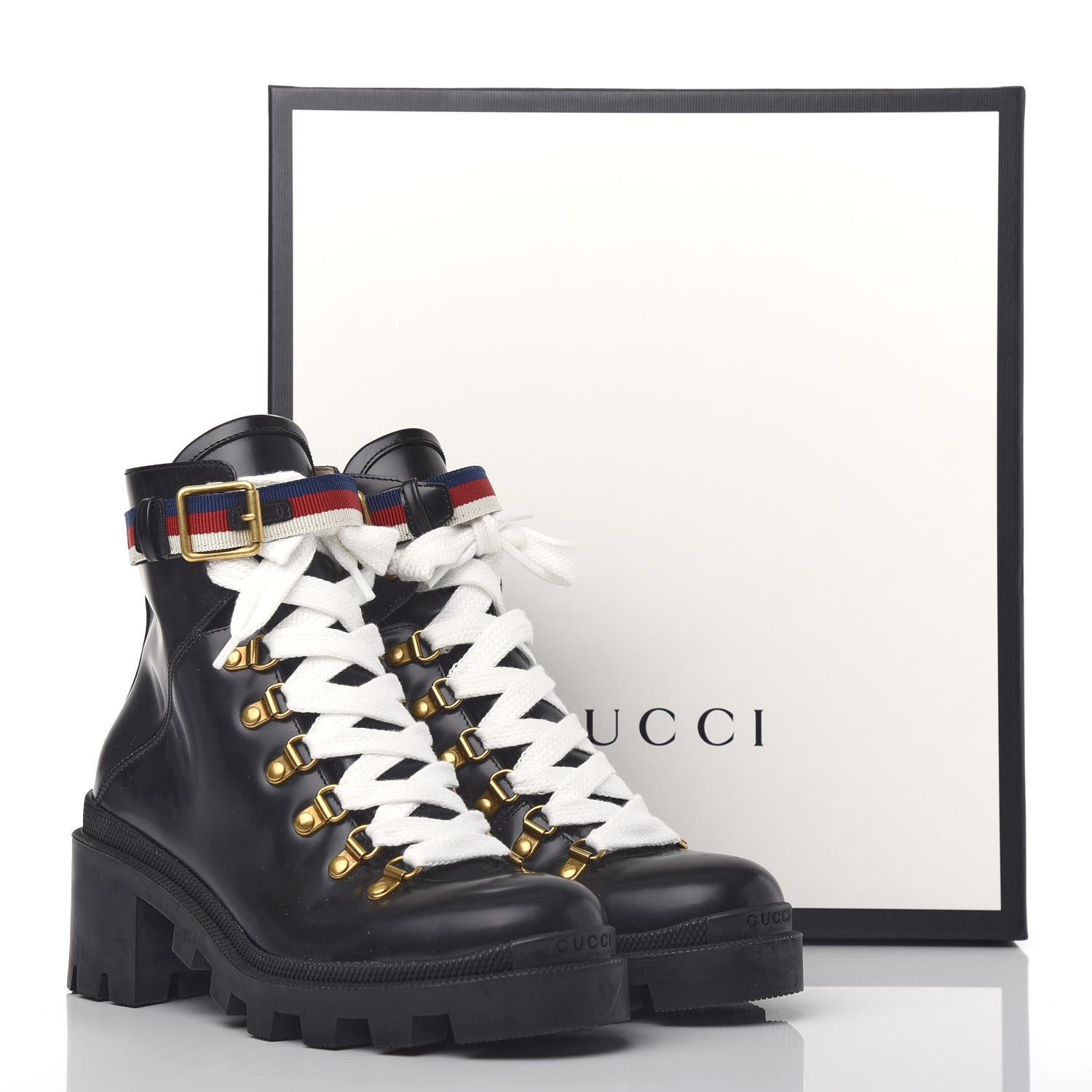 Gucci Calfskin Sylvie Web Lace Up Combat Boots 38 Black 11 of 11