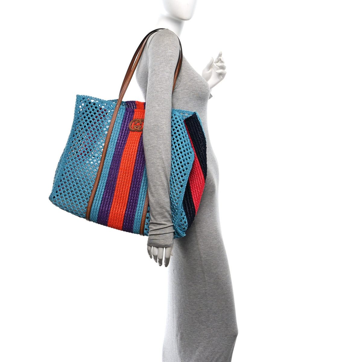 Gucci Raffia Web Woven Interlocking G Tote Blue Multicolor 2 of 10