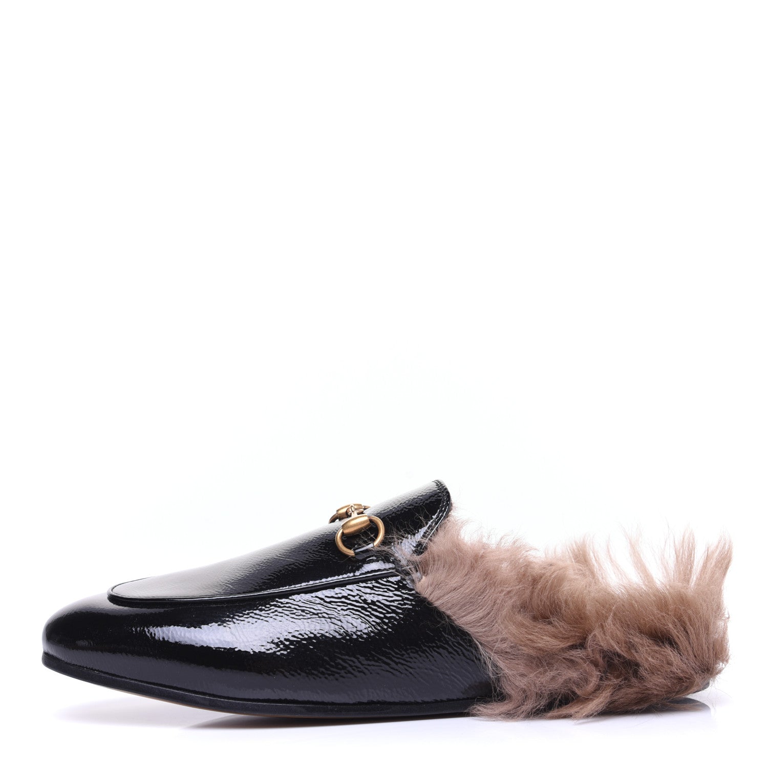 Gucci Patent Fur Womens Princetown Slippers 37.5 Black 1 of 10