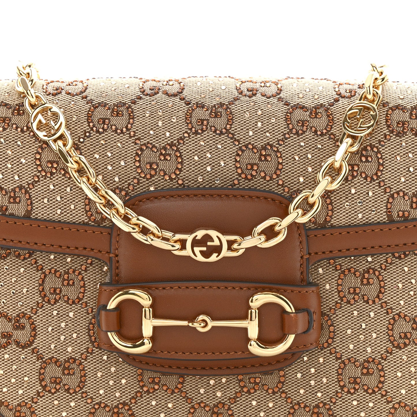 New Canvas Charisma Calfskin Crystal GG Monogram Mini Horsebit 1955 Shoulder Bag Camel Ebony