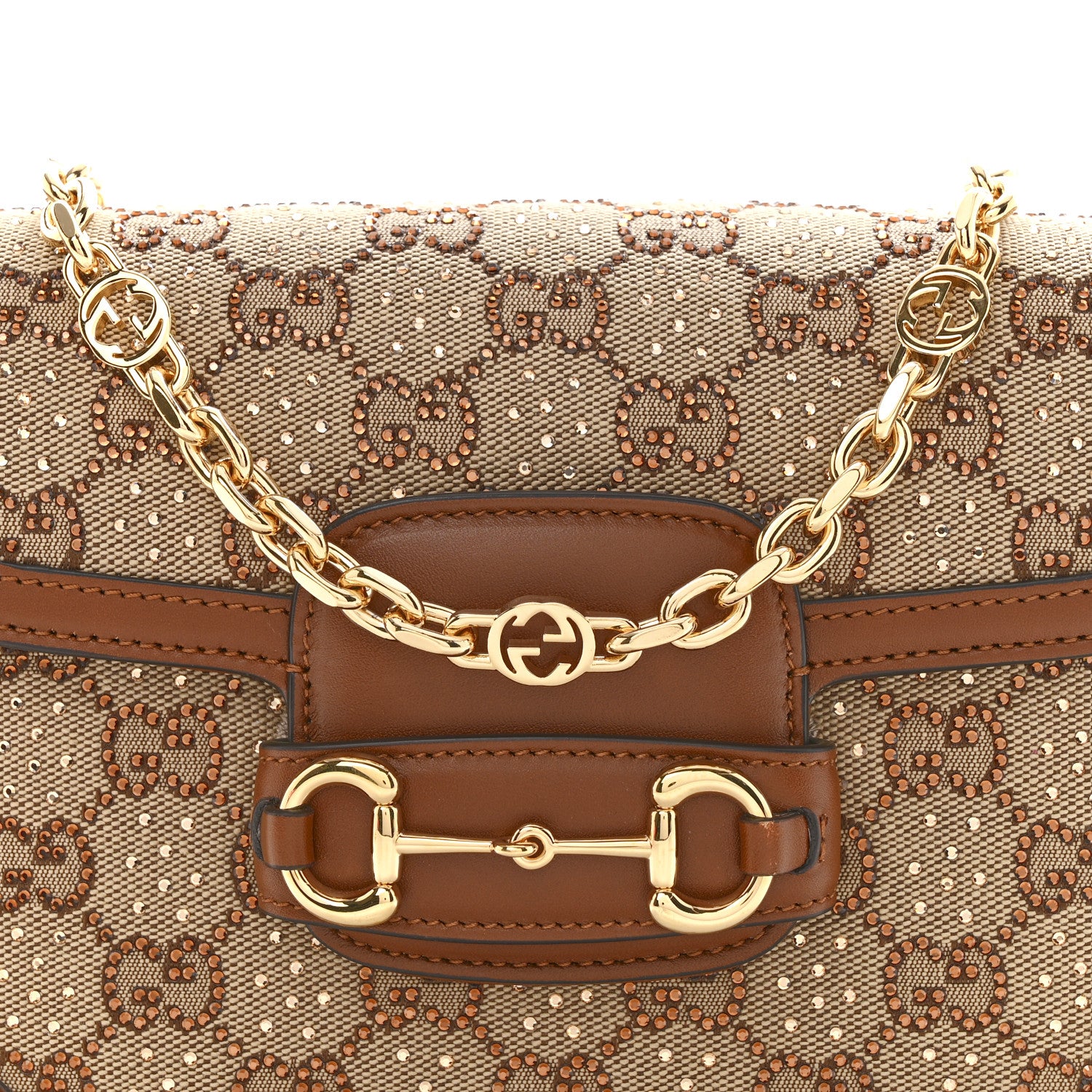 Gucci New Canvas Charisma Calfskin Crystal GG Monogram Mini Horsebit 1955 Shoulder Bag Camel Ebony 8 of 10