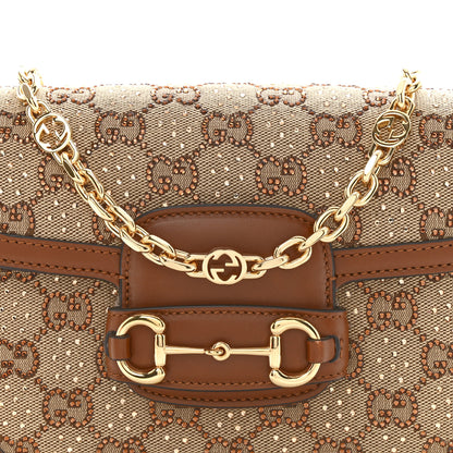 Gucci New Canvas Charisma Calfskin Crystal GG Monogram Mini Horsebit 1955 Shoulder Bag Camel Ebony 8 of 10