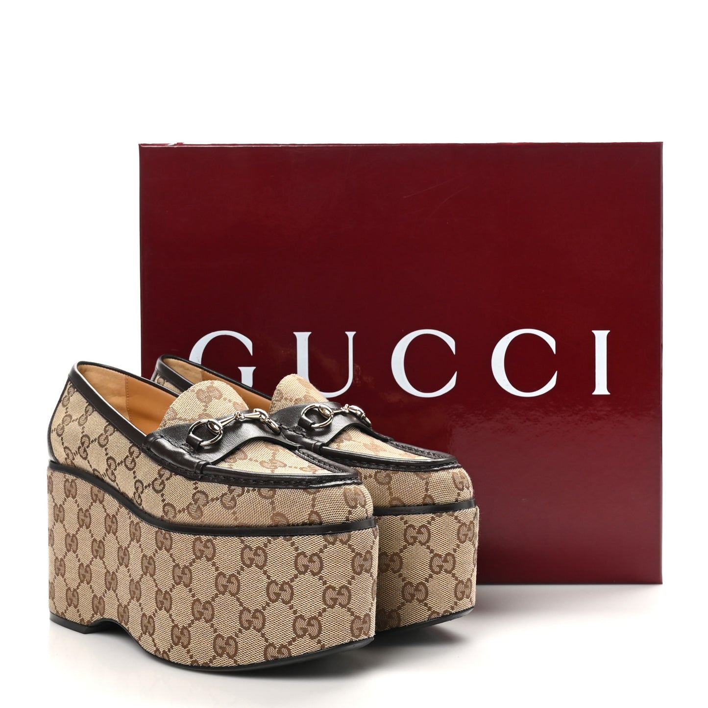 Canvas GG Monogram Horsebit Calfskin Womens Horsebit Platform Loafers 37.5 Beige Ebony