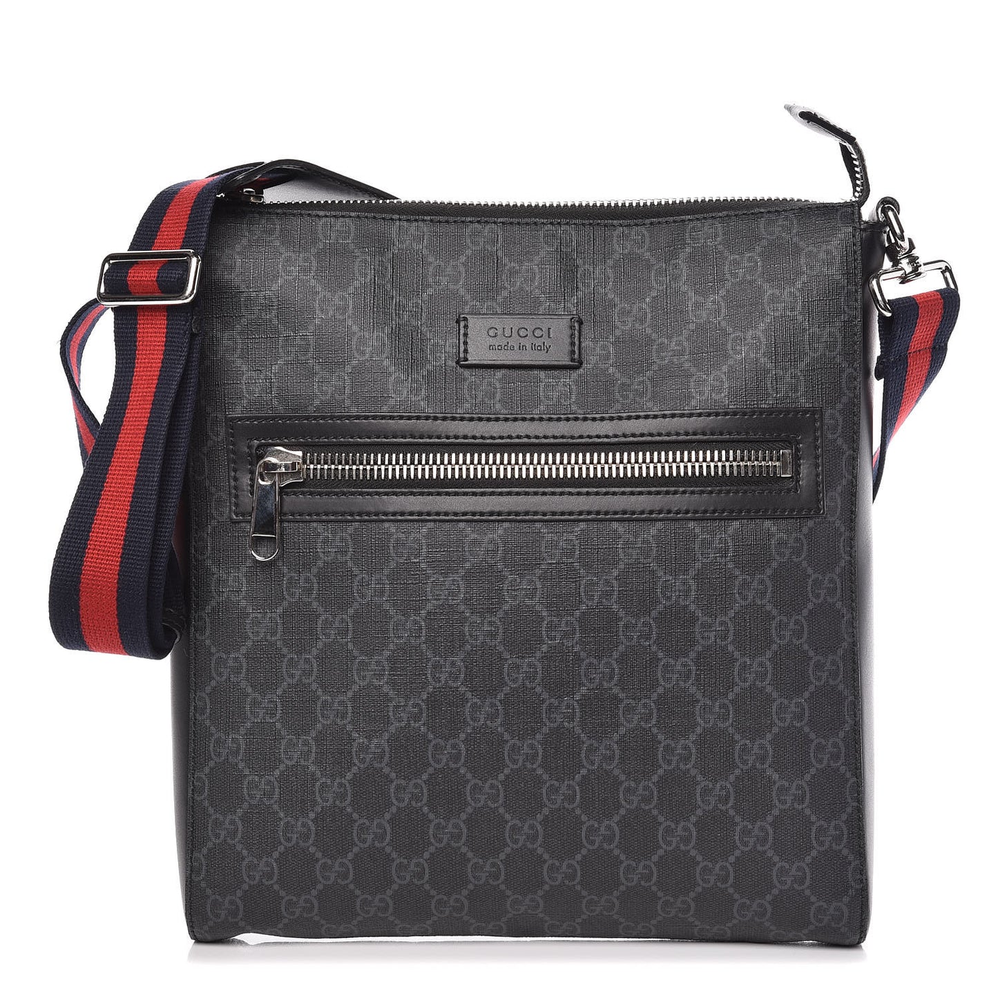GG Supreme Monogram Appia Calfskin Web Flat Messenger Bag Black Grey