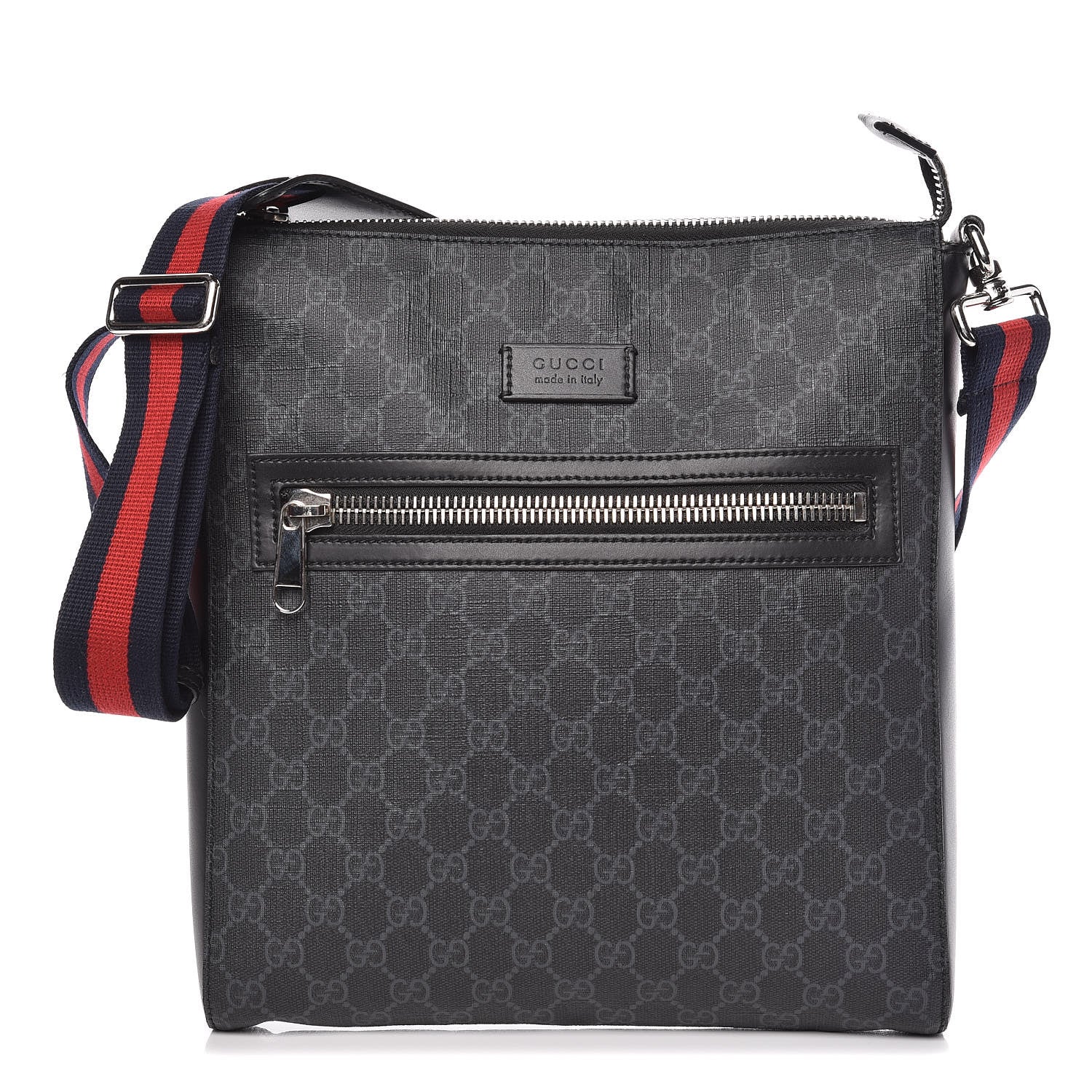 Gucci GG Supreme Monogram Appia Calfskin Web Flat Messenger Bag Black Grey 1 of 9