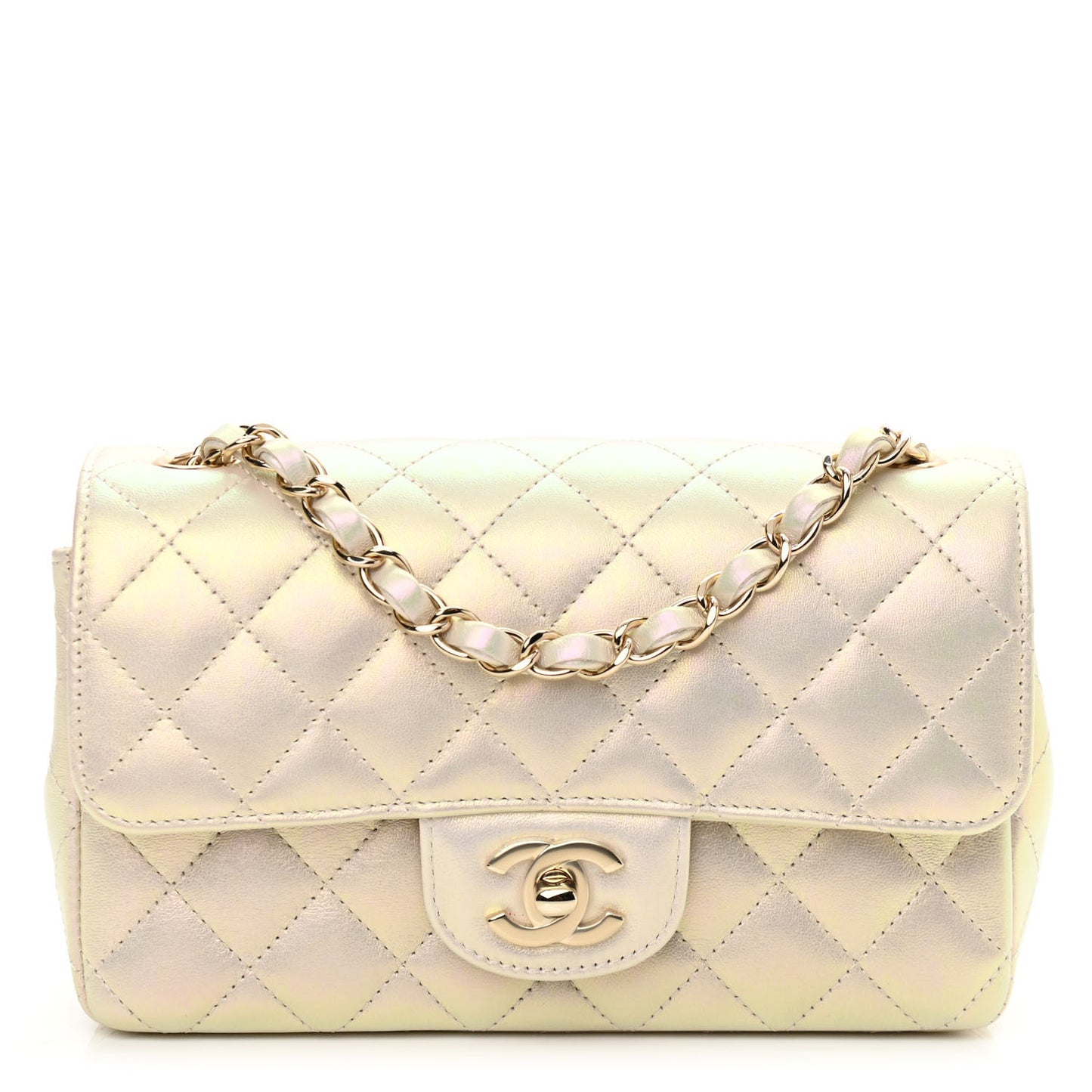 Iridescent Lambskin Quilted Mini Rectangular Flap Ivory