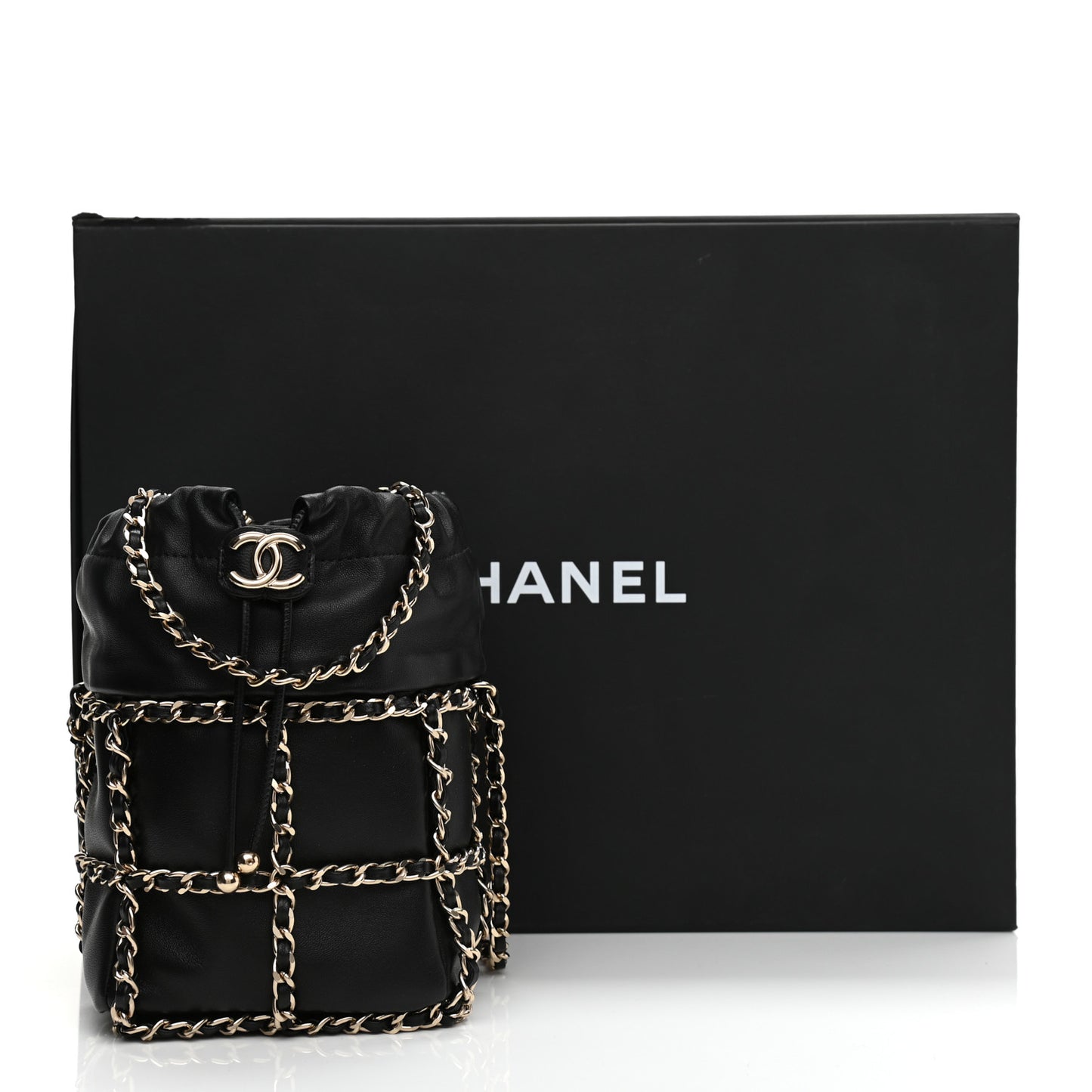 Lambskin Bucket Chain Drawstring Bag Black