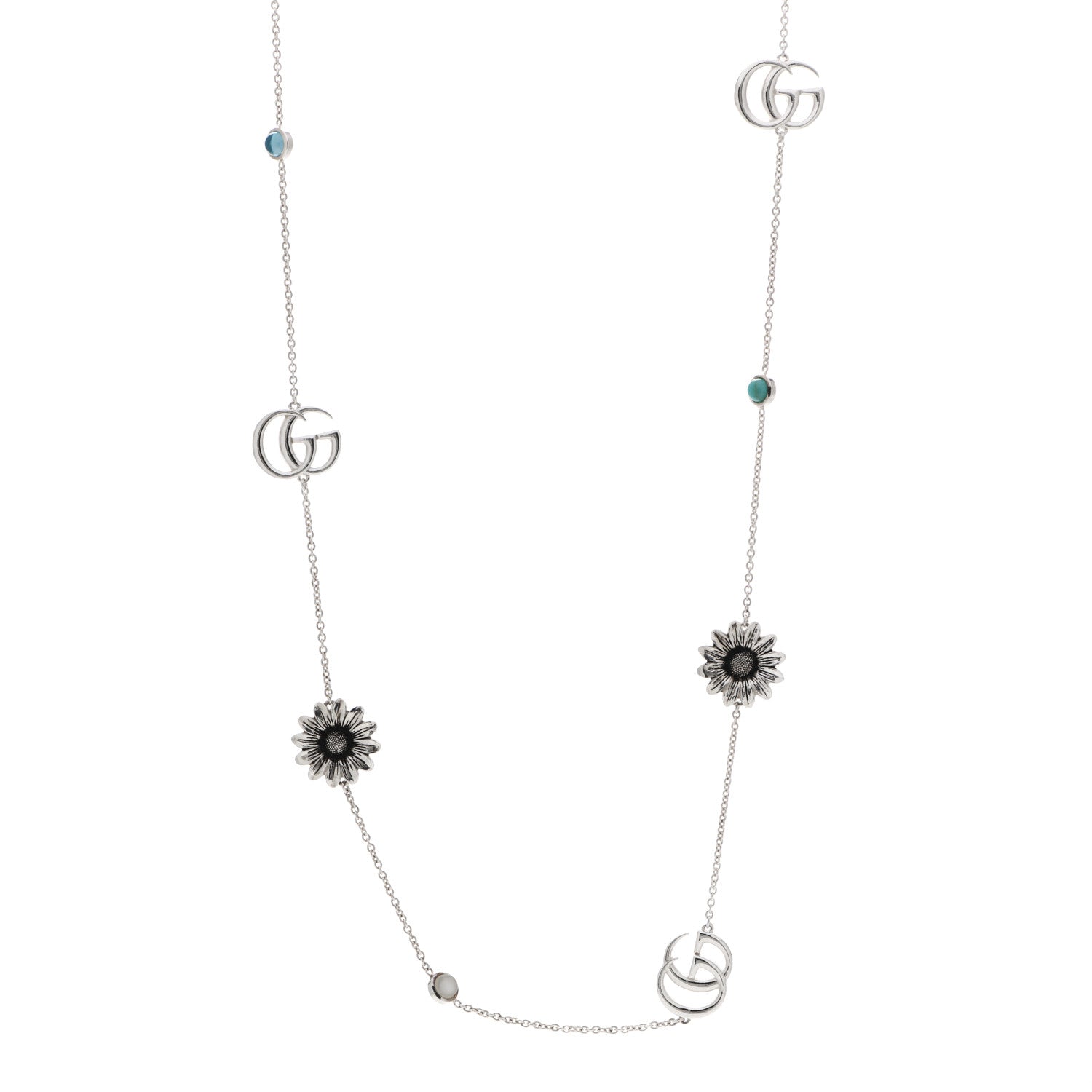 Gucci Sterling Silver Mother of Pearl Topaz GG Marmont Flower Station Necklace 1 of 5