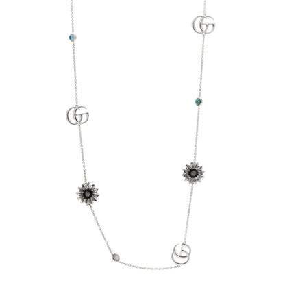 Gucci Sterling Silver Mother of Pearl Topaz GG Marmont Flower Station Necklace 1 of 5