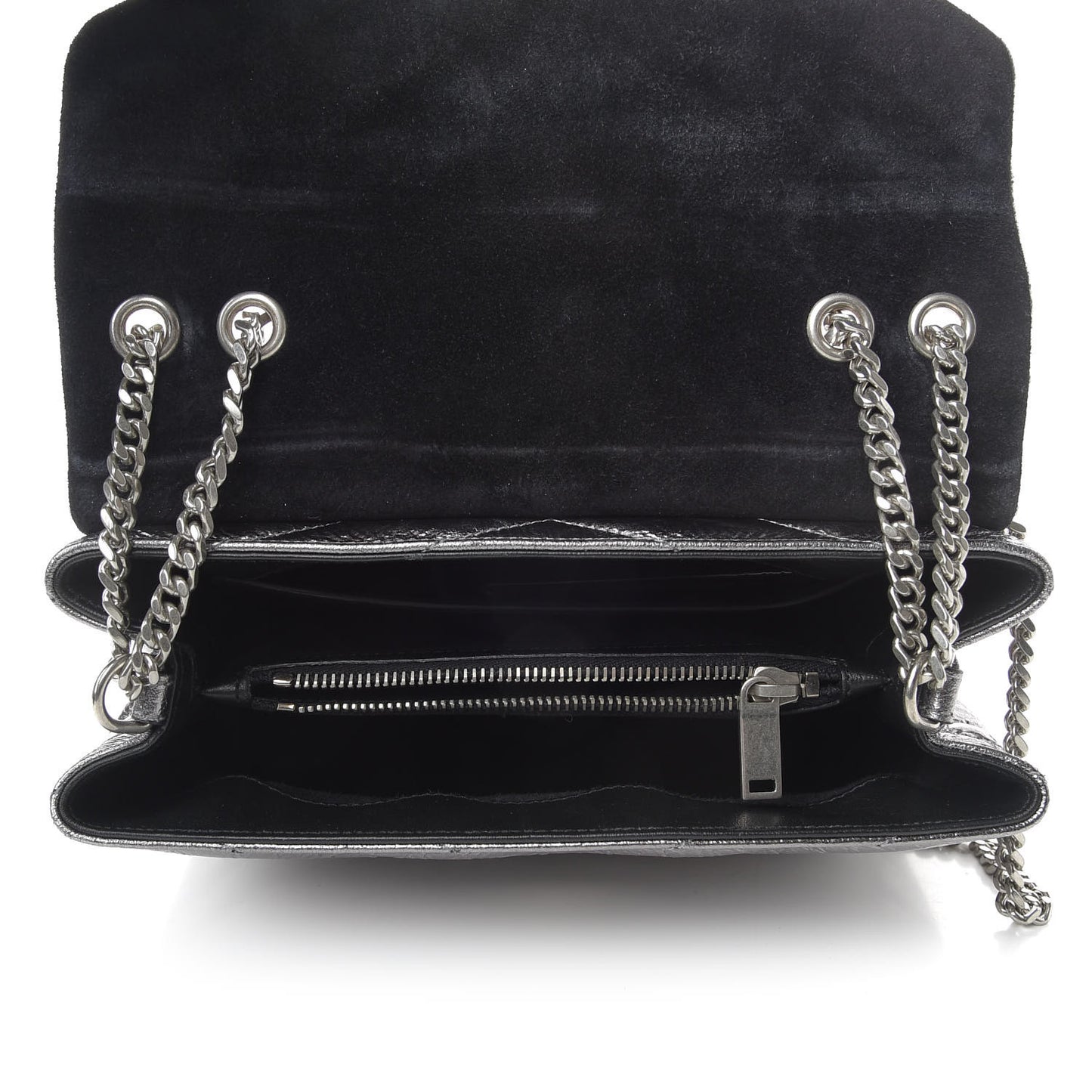 Metallic Calfskin Y Quilted Monogram Small Loulou Chain Satchel Acciaio
