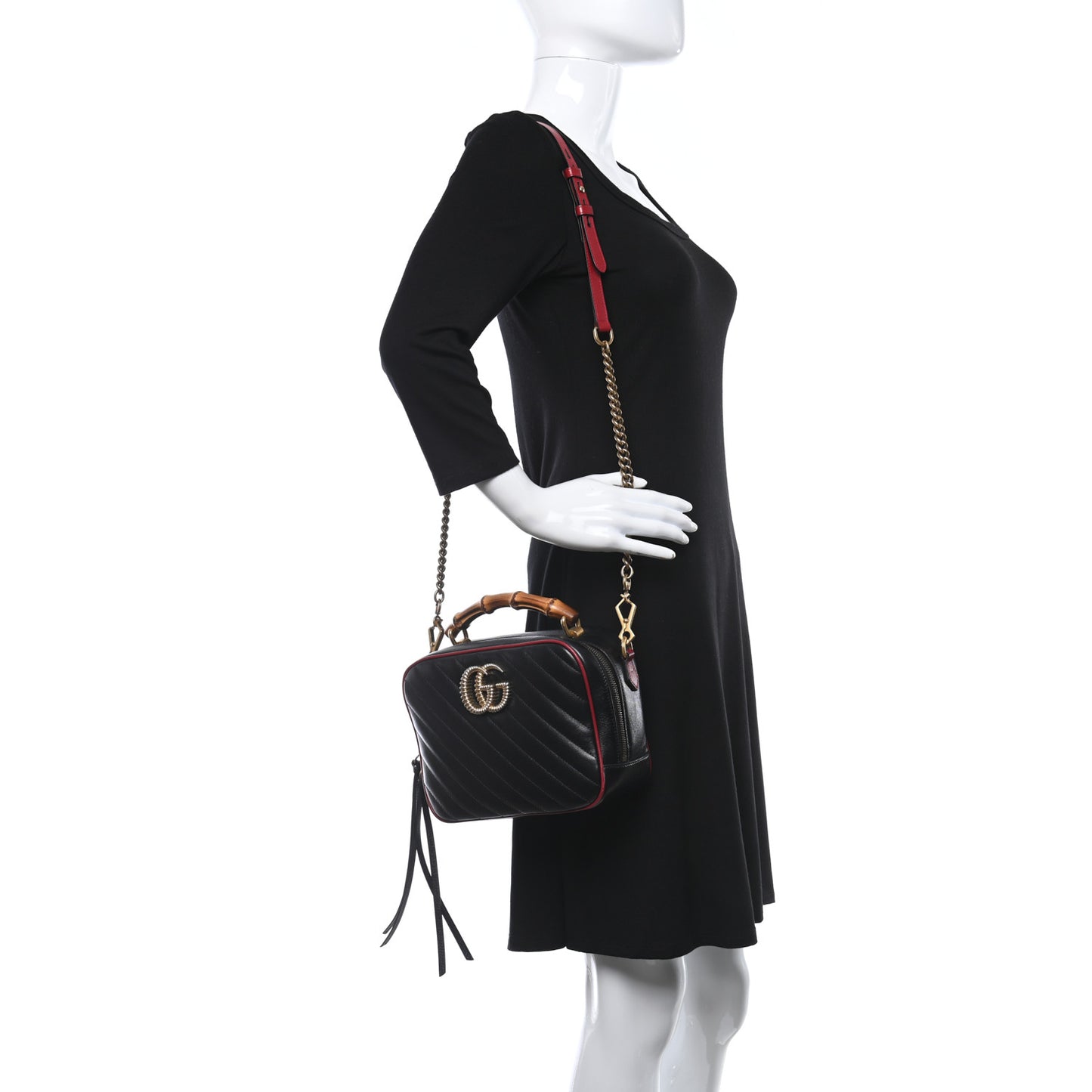 Vintage Effect Calfskin Matelasse Diagonal Small Torchon GG Marmont Bamboo Top Handle Shoulder Bag Black Romantic Cherry