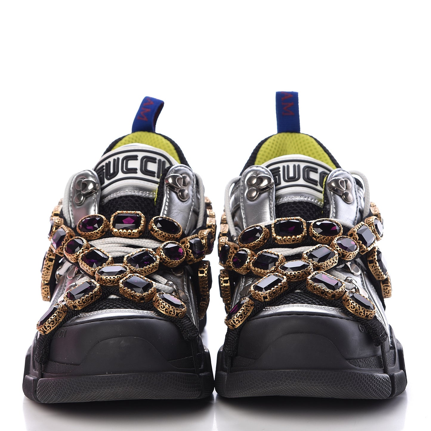 X SEGA Metallic Calfskin Mesh Removable Crystals Womens Flashtrek Sneakers 37.5 Silver Black