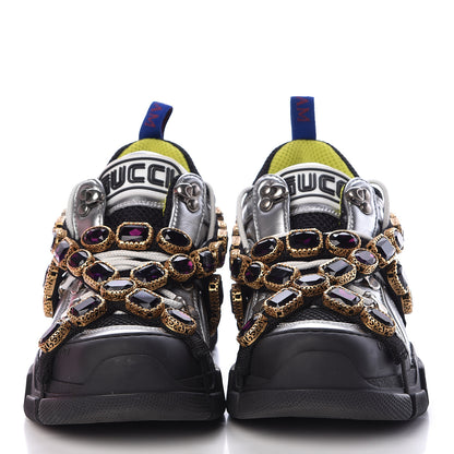 Gucci X SEGA Metallic Calfskin Mesh Removable Crystals Womens Flashtrek Sneakers 37.5 Silver Black 2 of 9