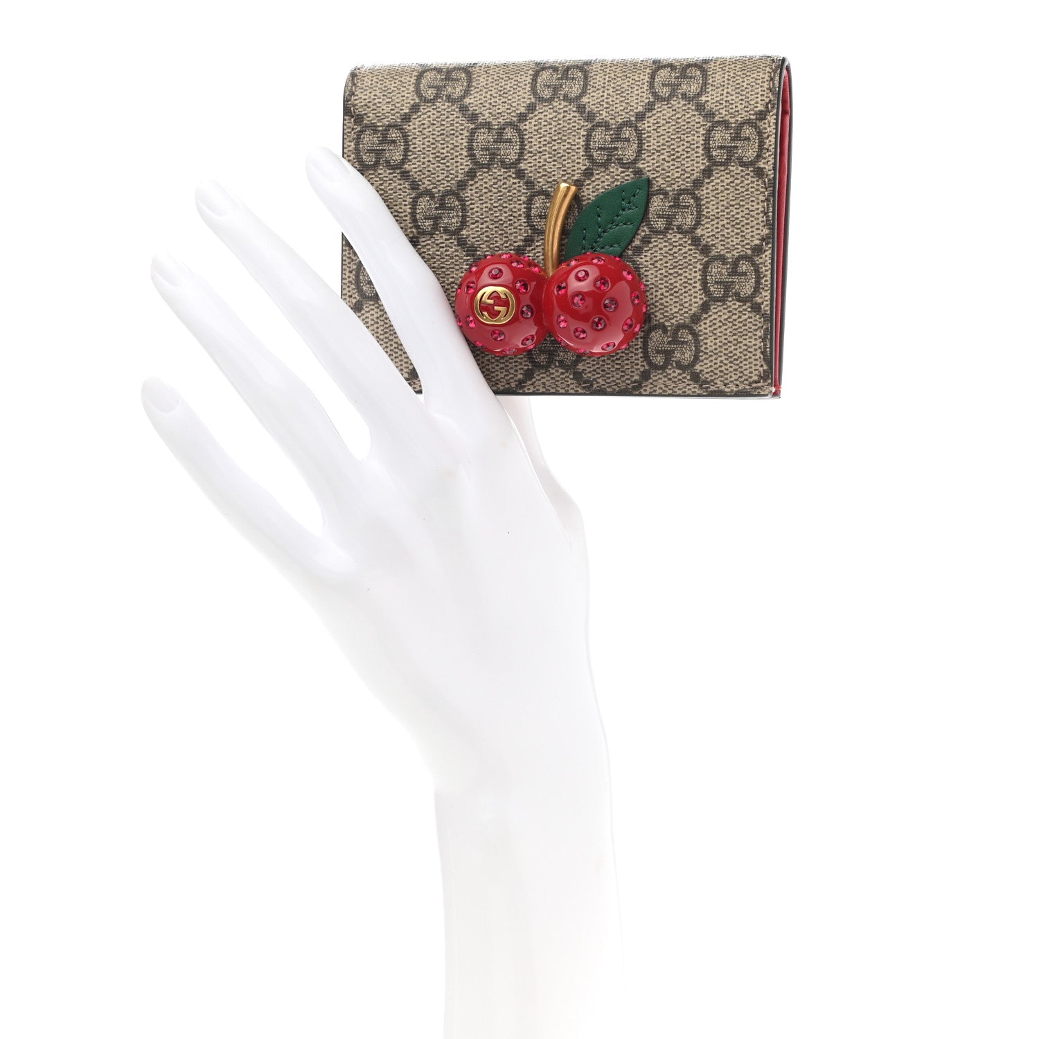 Gucci GG Supreme Monogram Cherry Embellished Card Case Wallet Hibiscus Red 2 of 8