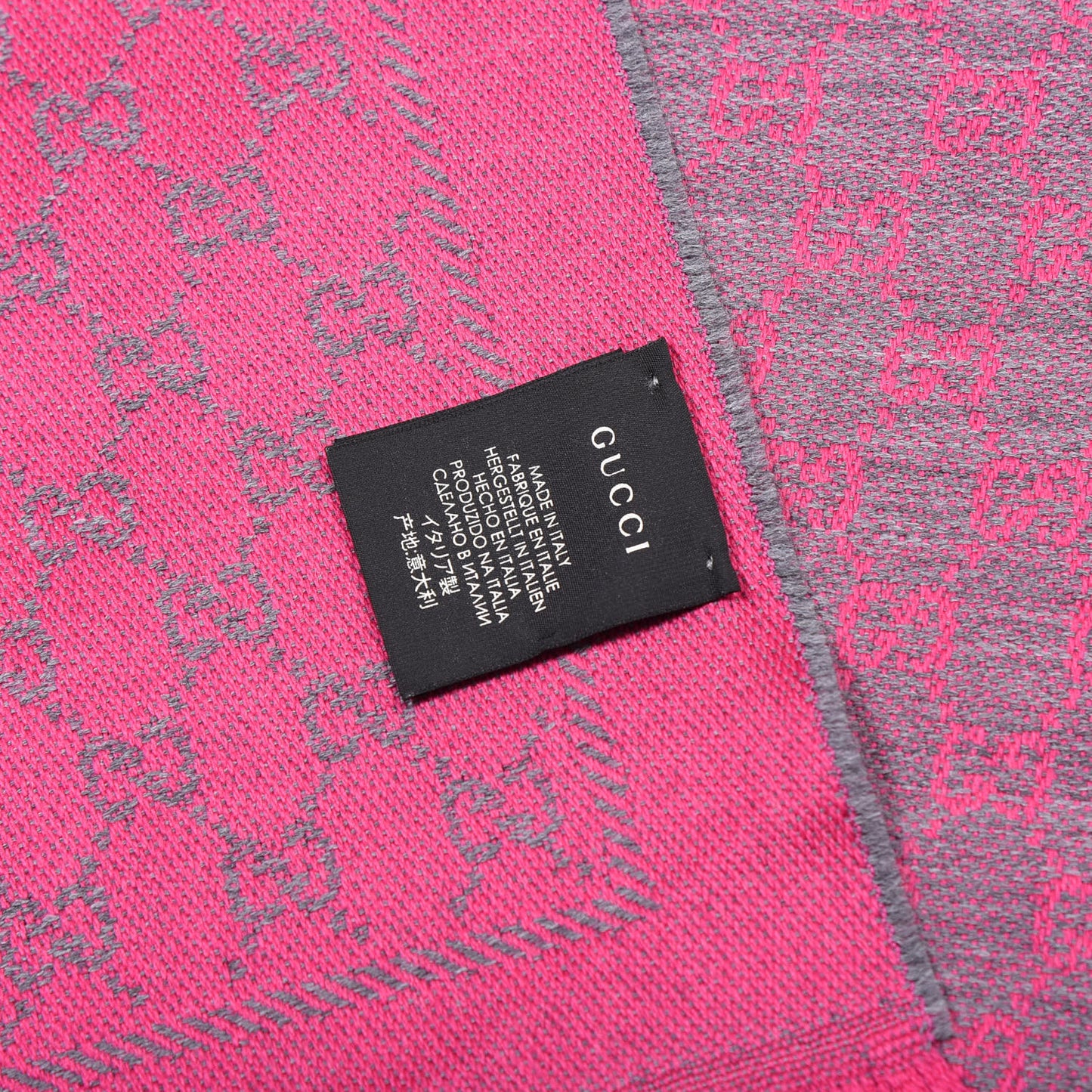 Wool GG Monogram Reversible New Sten Fringe Scarf Graphite Pink