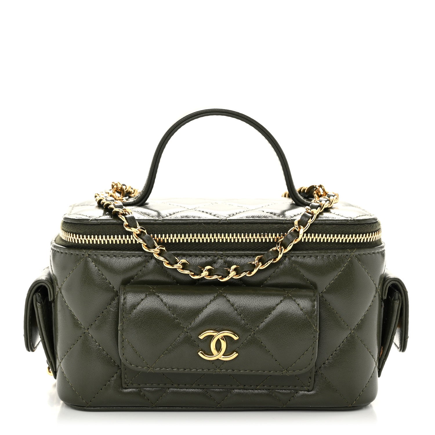 Chanel Lambskin Quilted Polly Pocket East West Top Vanity With Chain Khaki 1 of 10