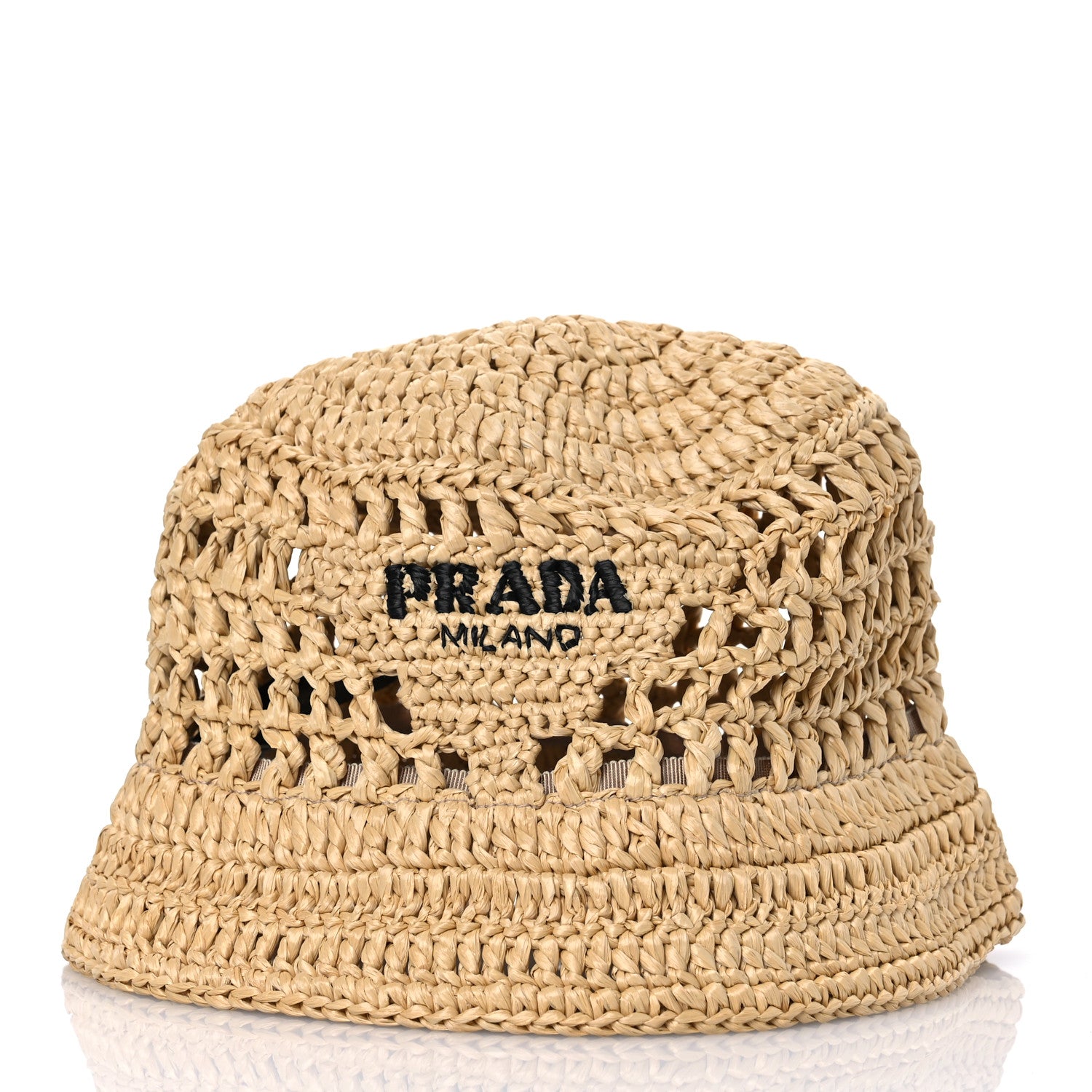 Prada Yarn Raffia Effect Crochet Logo Embroidered Womens Bucket Hat S Naturale 5 of 9