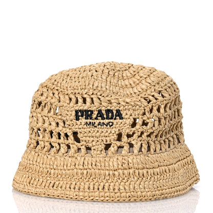 Prada Yarn Raffia Effect Crochet Logo Embroidered Womens Bucket Hat S Naturale 5 of 9