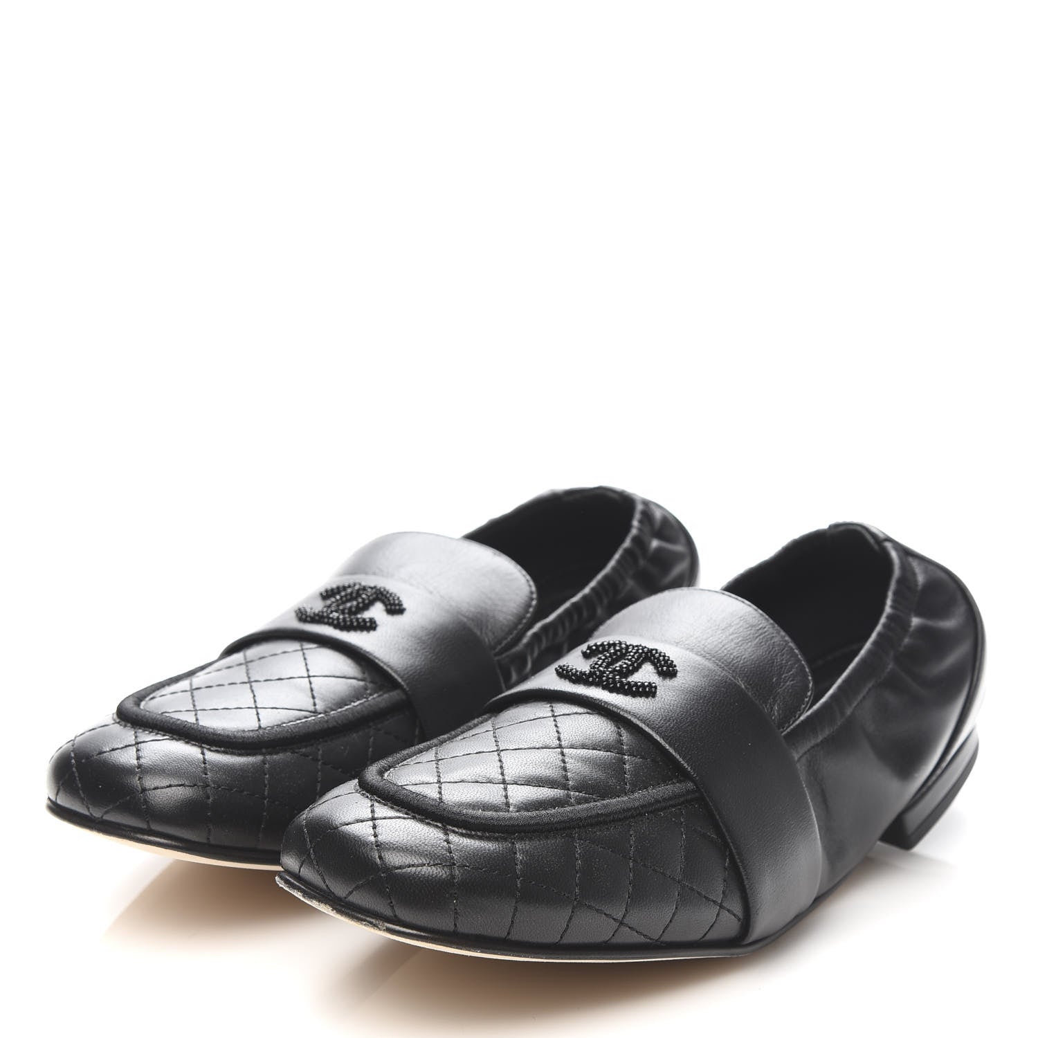 Chanel Laminated Lambskin Womens Quilted Elastic CC Moccasin Loafers 38.5 Black 3 of 9