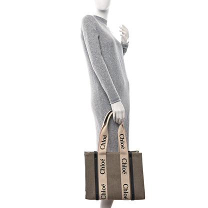 Chloe Linen Calfskin Medium Woody Ribbon Tote White Black 2 of 8