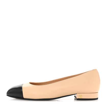 Chanel Lambskin Cap Toe CC Uniform Ballerina Flats 38 Beige Black 1 of 9