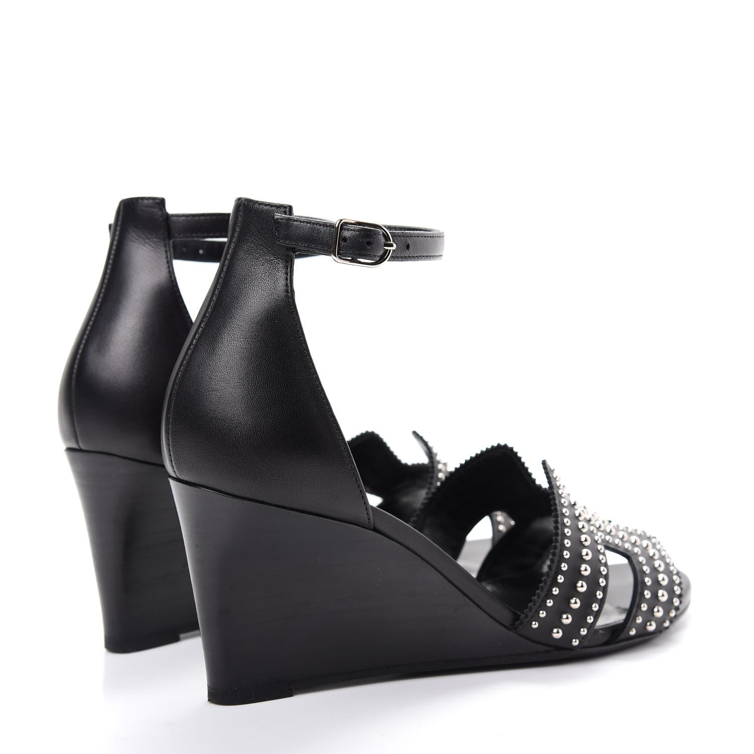 Hermes Calfskin Clous Legend Wedge Sandals 37 Black 4 of 10