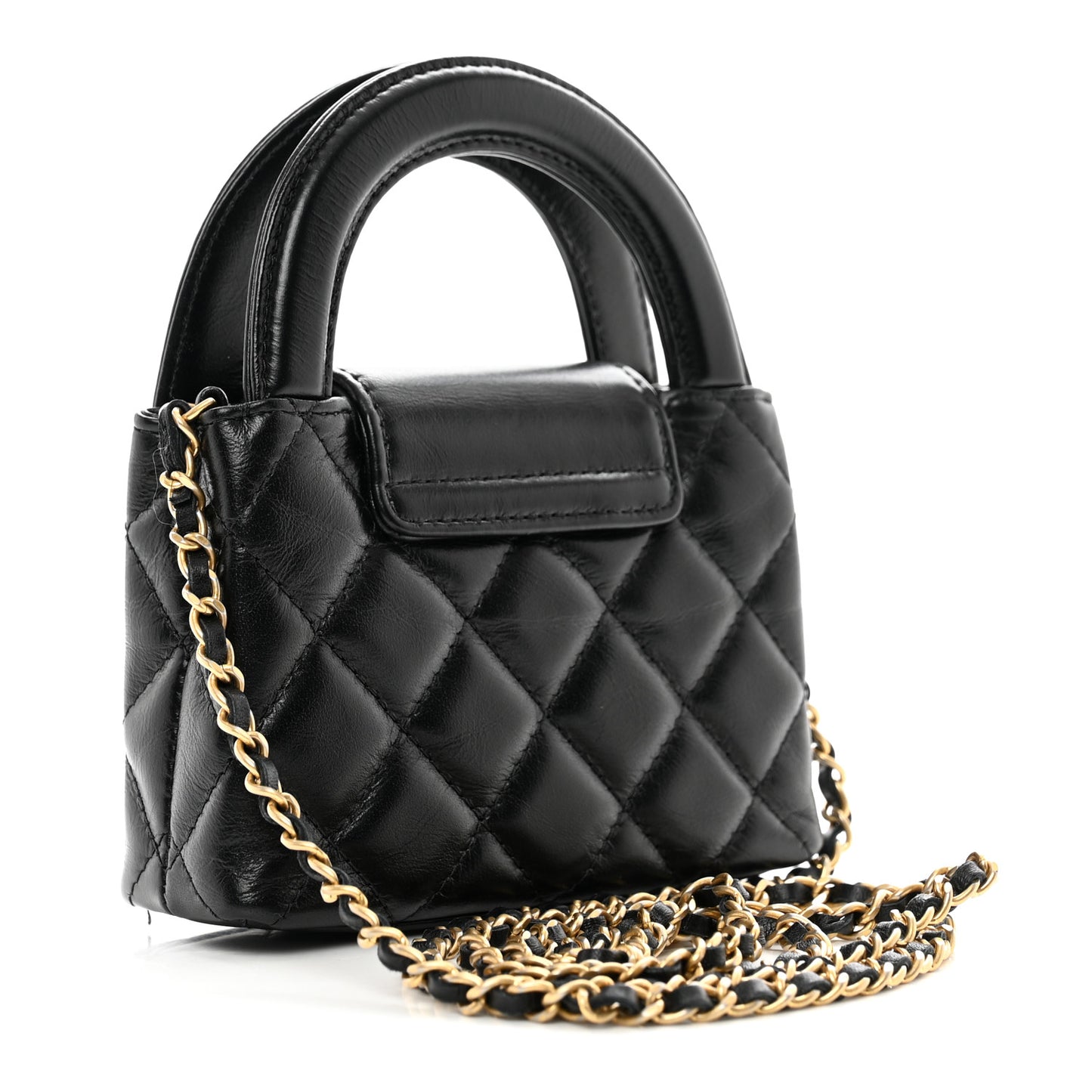 Shiny Aged Calfskin Quilted Mini Nano Kelly Shopper Black