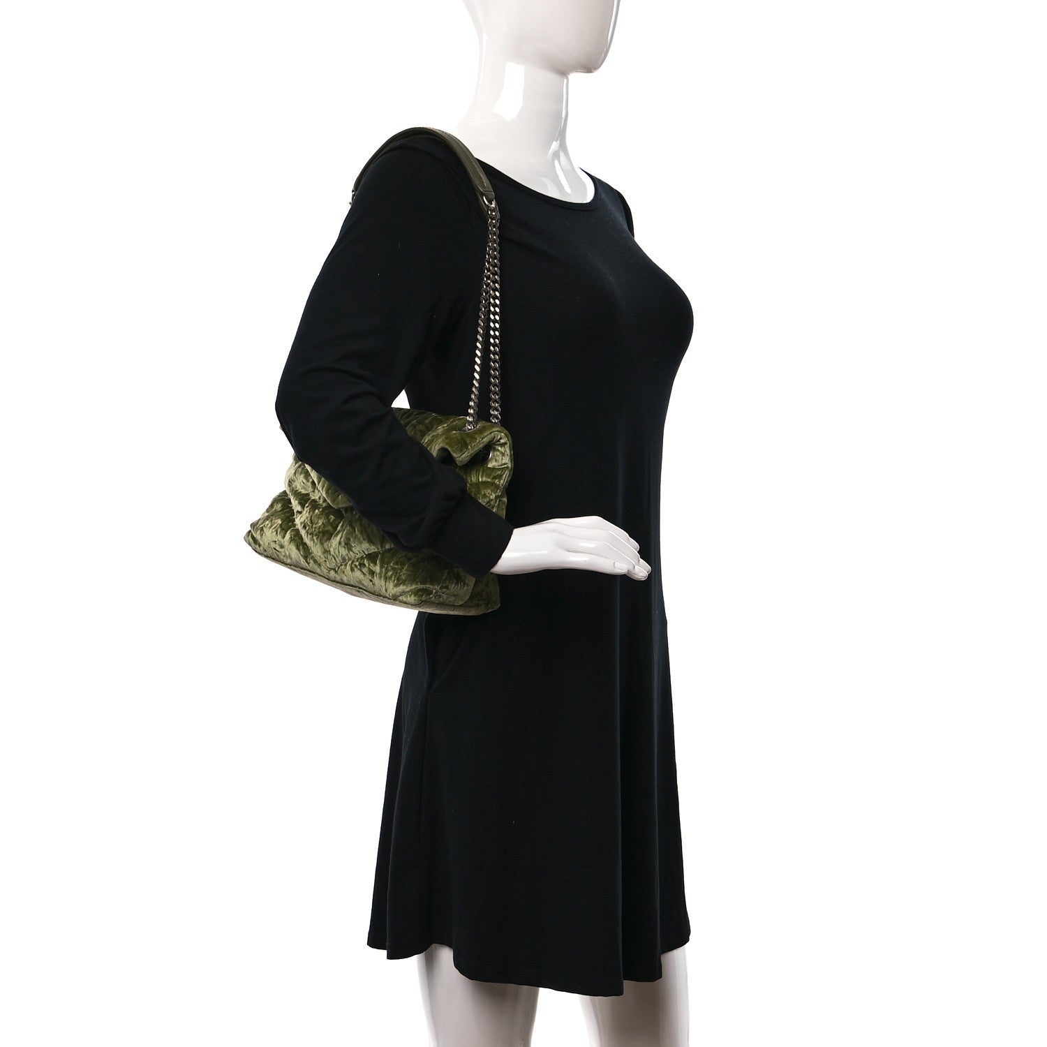 Saint Laurent Crushed Velvet Quilted Small Loulou Puffer Monogram Chain Satchel Green 3 of 8
